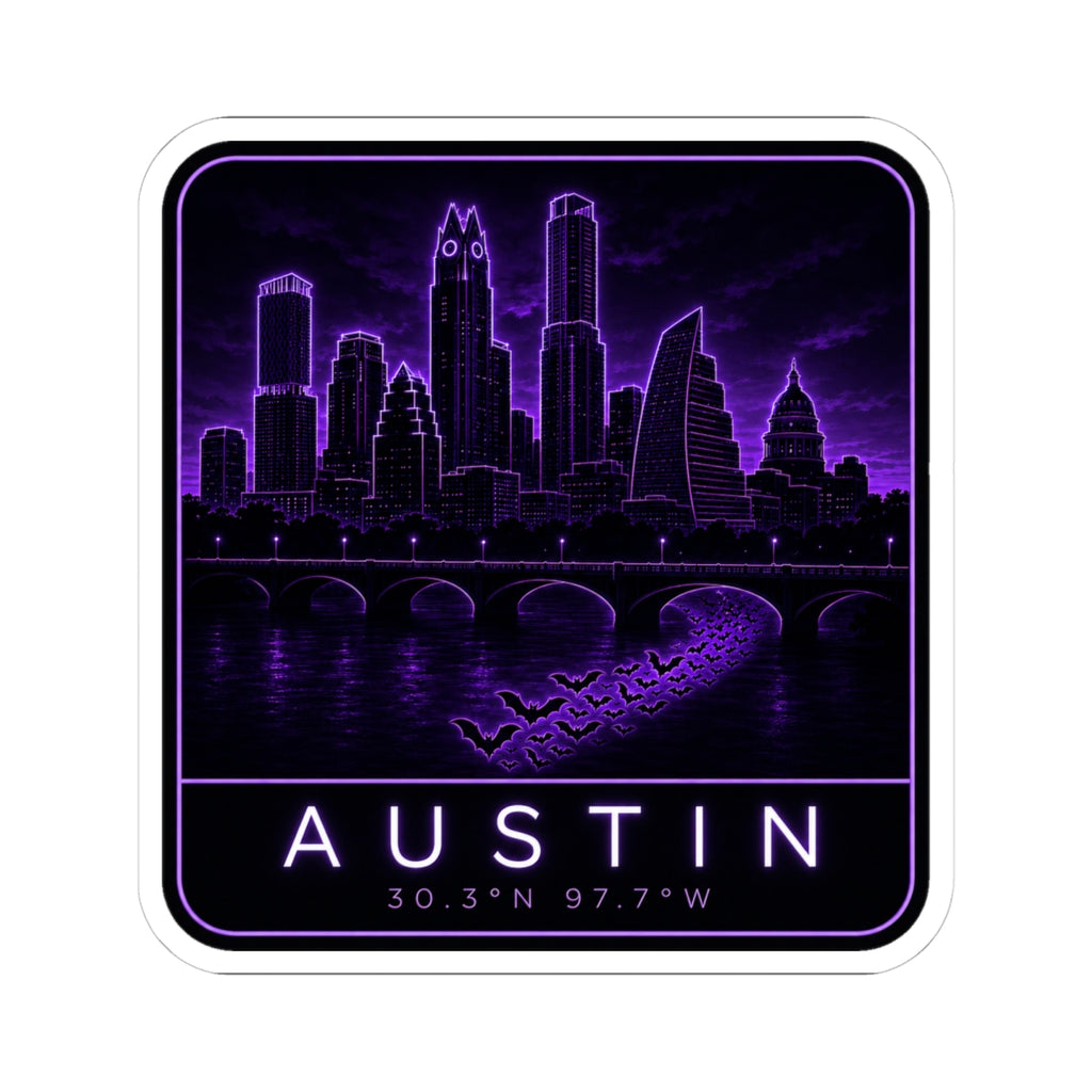 Neon Austin city skyline decal with purple neon buildings, river scene, “AUSTIN” and coordinates