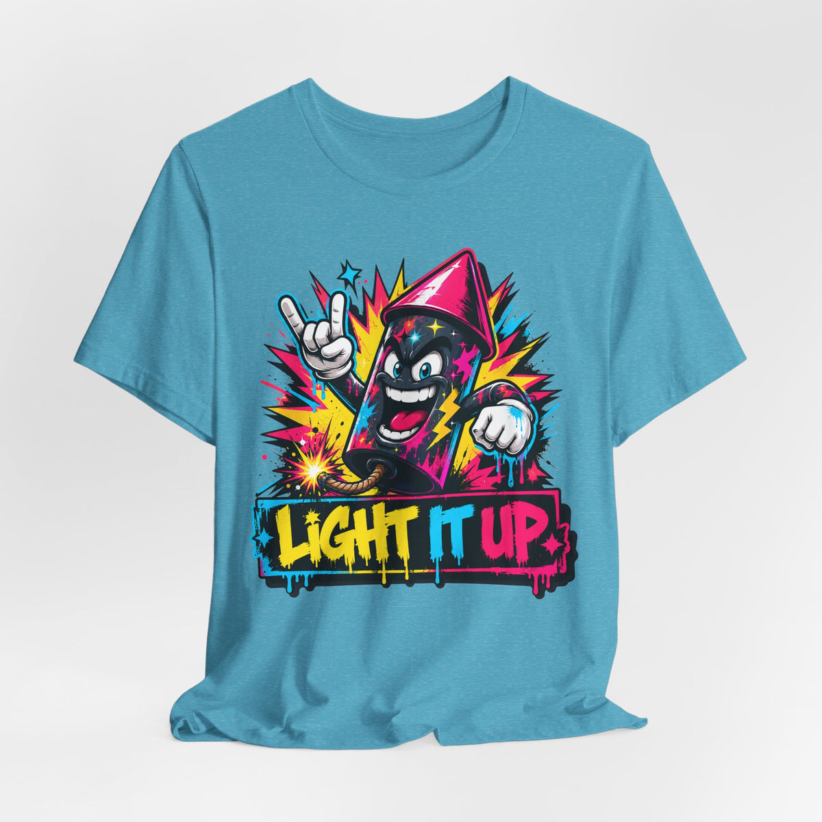 Aqua blue T-shirt with cartoon character graphic and 'LIGHT IT UP!' text