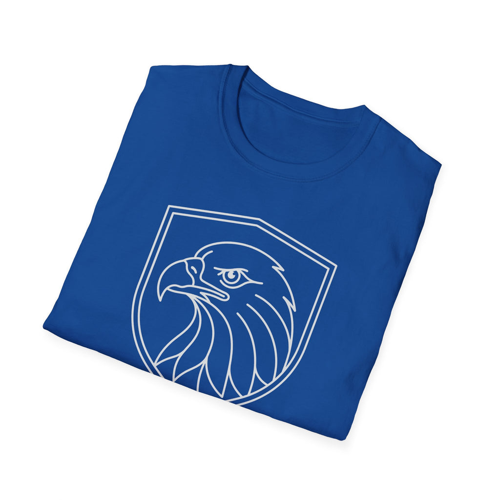 Royal blue graphic t-shirt with bald eagle head shield outline print