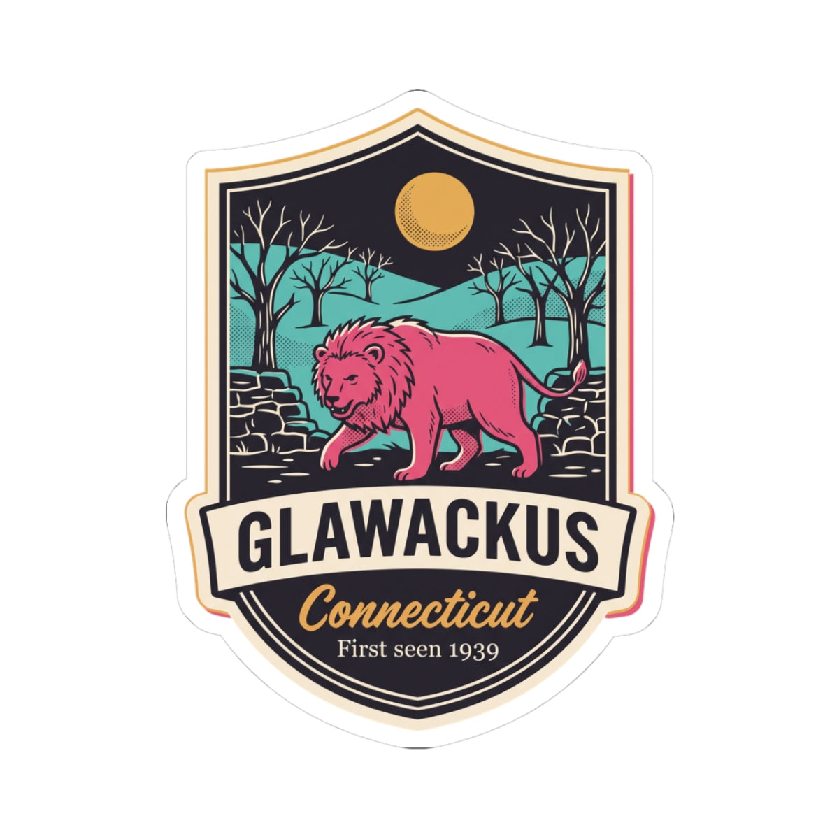 Pink lion patch vinyl decal with "GLAWACKUS Connecticut" text