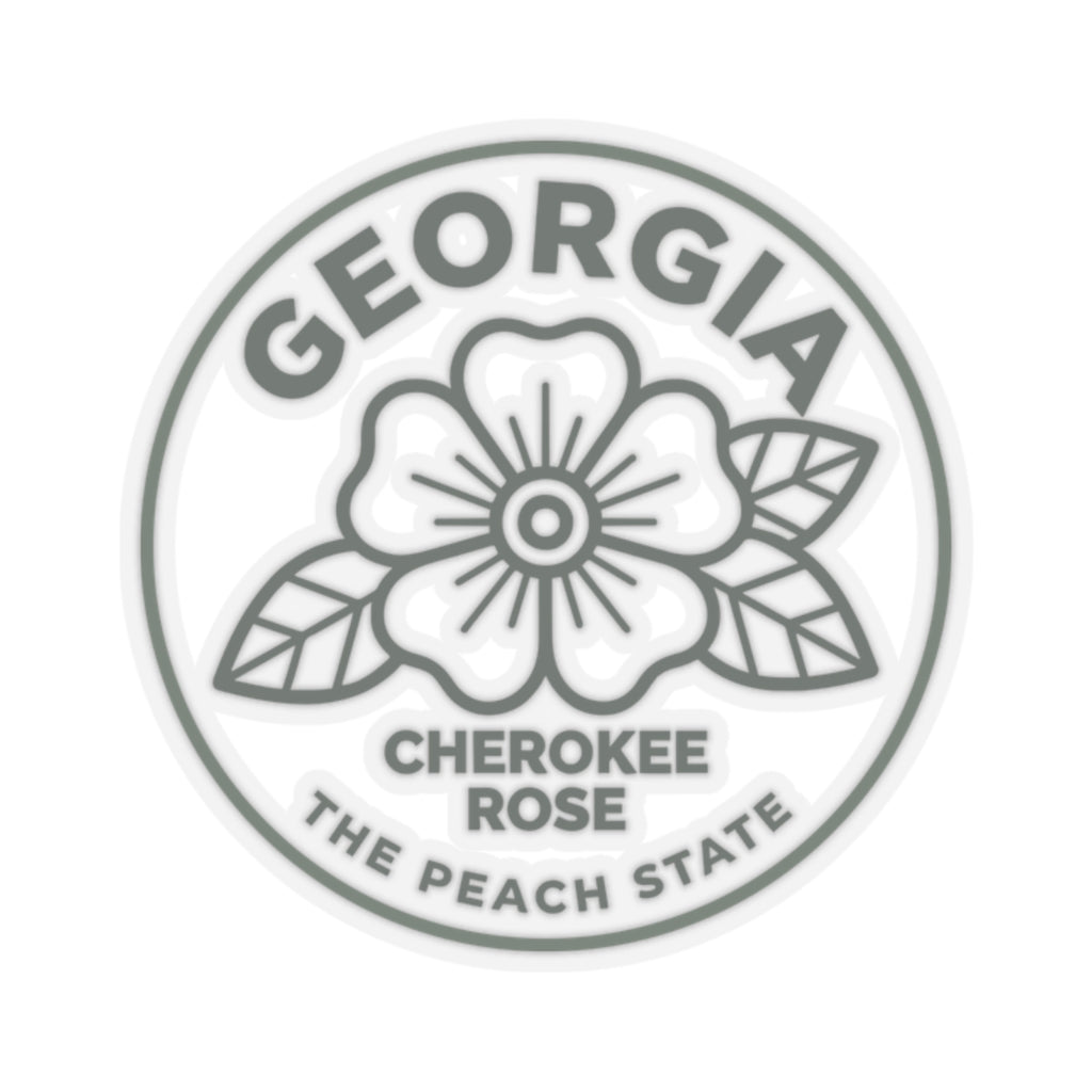 Circular Georgia sticker decal with Cherokee rose graphic and “The Peach State” text
