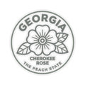 Circular Georgia sticker decal with Cherokee rose graphic and “The Peach State” text