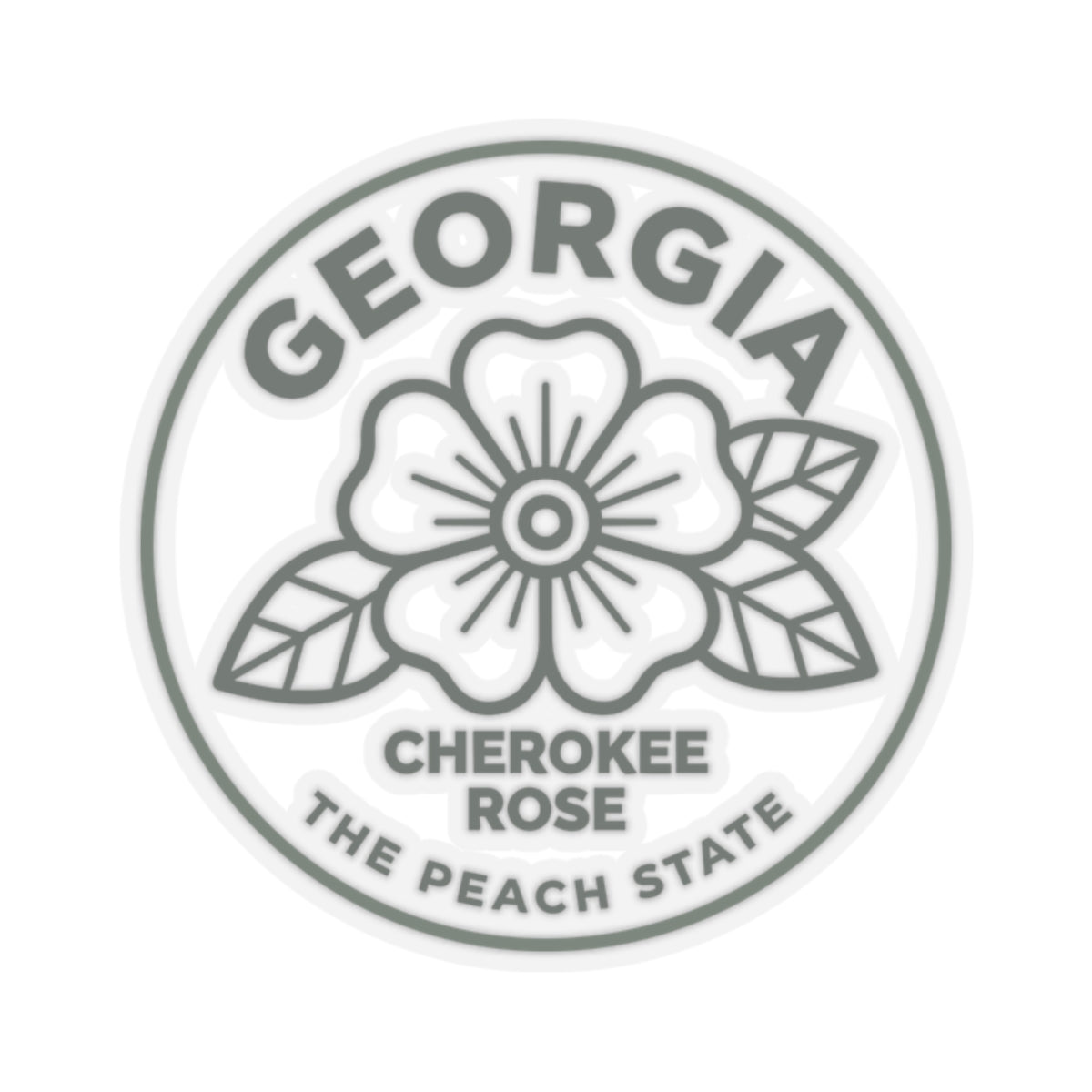 Circular Georgia sticker decal with Cherokee rose graphic and “The Peach State” text