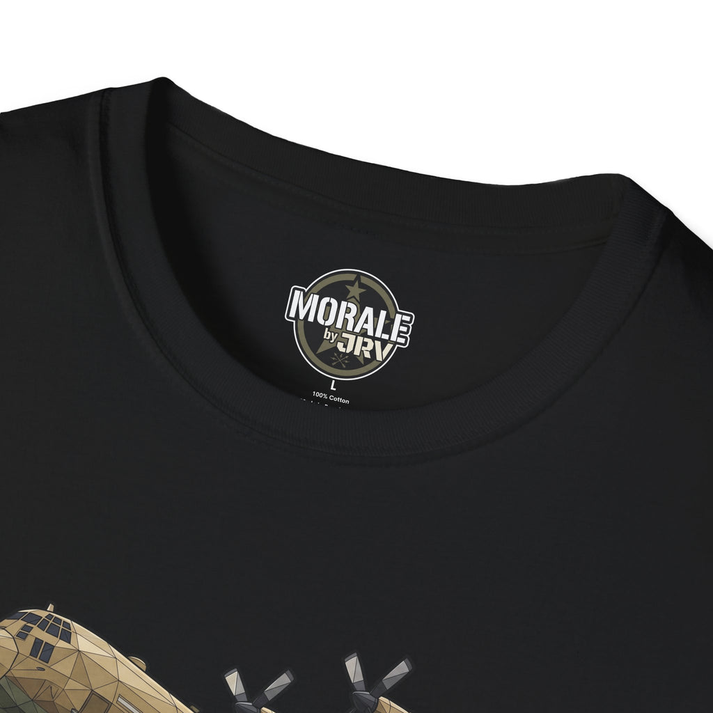 Black T-shirt neckline with “MORAL” by “TRIV” logo badge