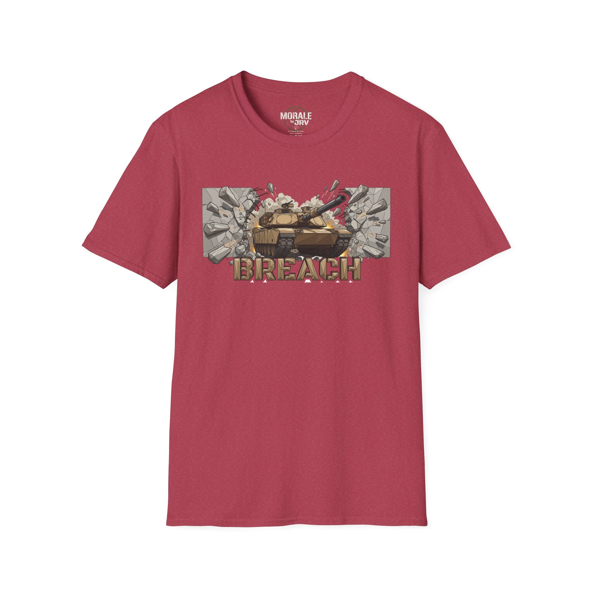 Heather cardinal red T-shirt with BREACH tactical tank burst artwork