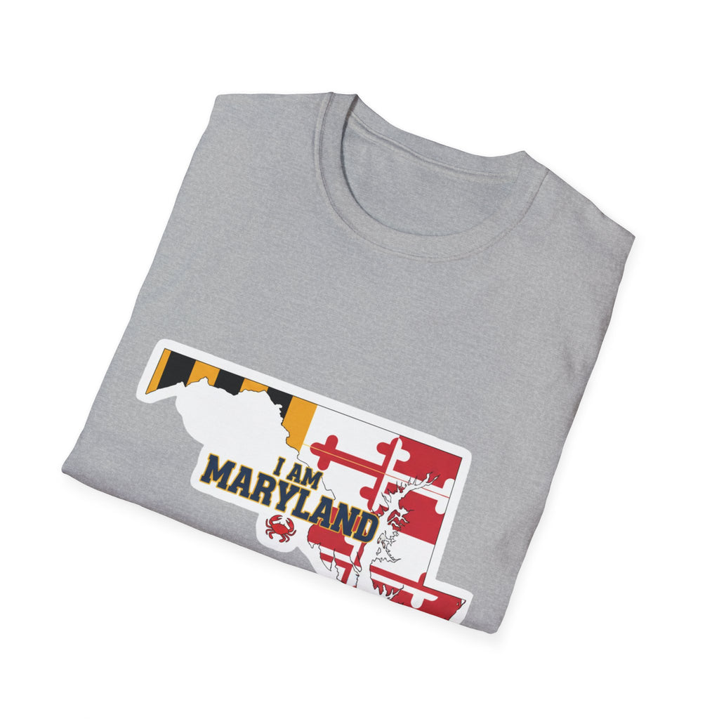 Sport grey Maryland state graphic t-shirt with “I AM MARYLAND” print, folded view