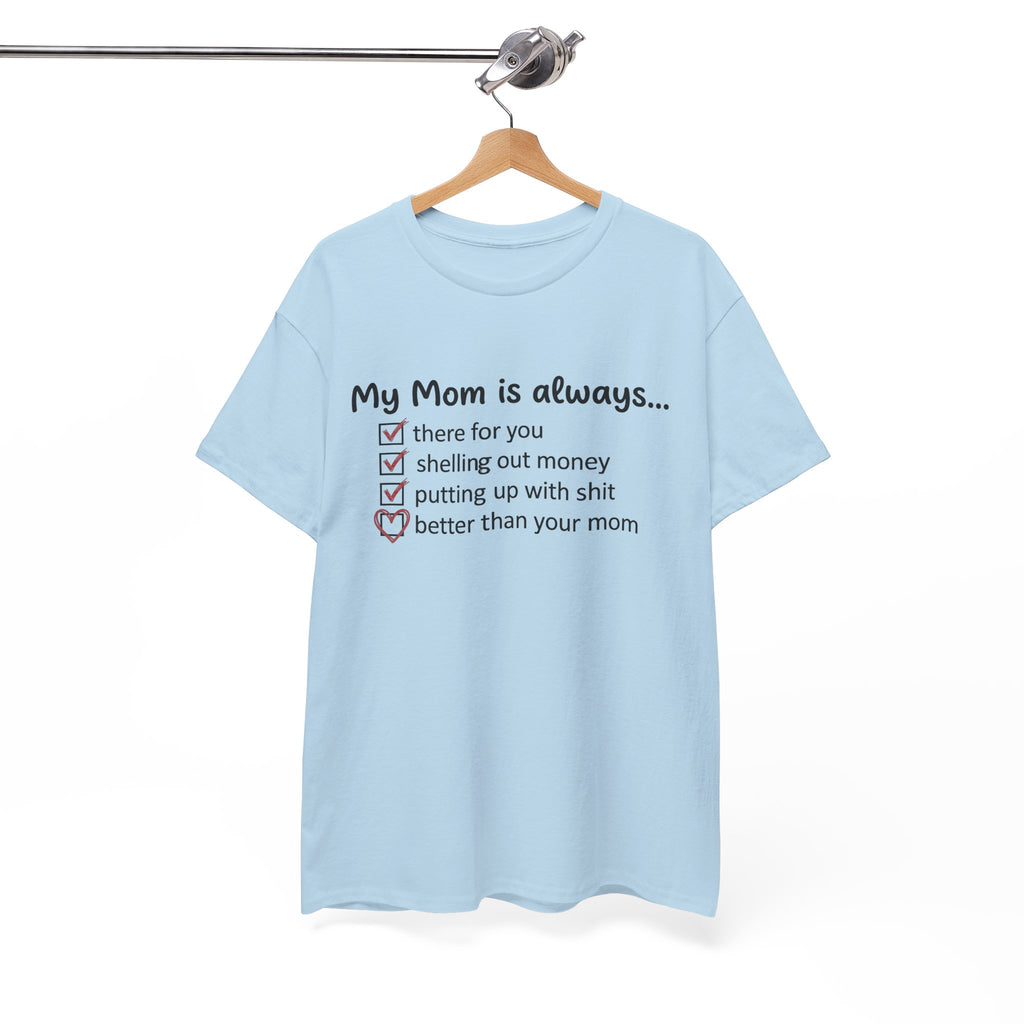 Light Blue T-shirt on hanger with “My Mom is always…” checklist front design