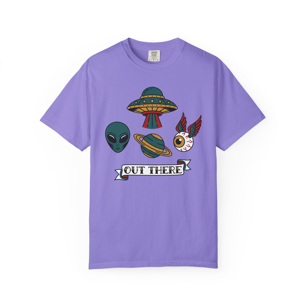 Purple crewneck T-shirt with alien, UFO, and colorful “Out There” chest graphic