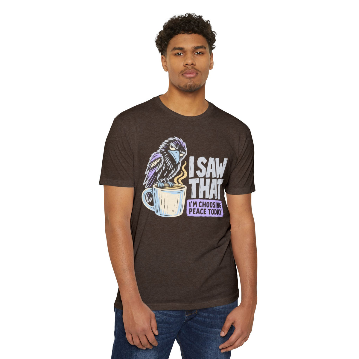 Brown crewneck t-shirt with raven and coffee cup peace slogan graphic on front