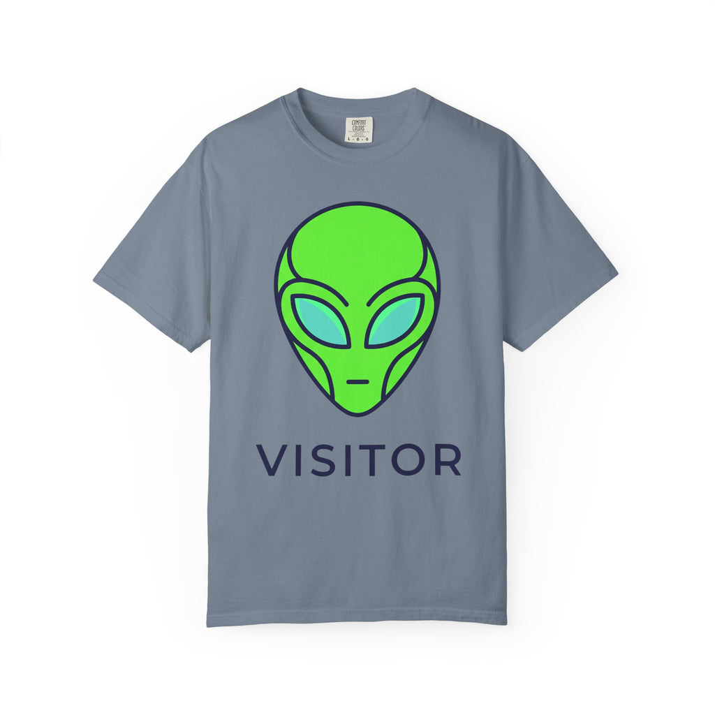 Blue-gray T-shirt with neon green alien head graphic and word VISITOR