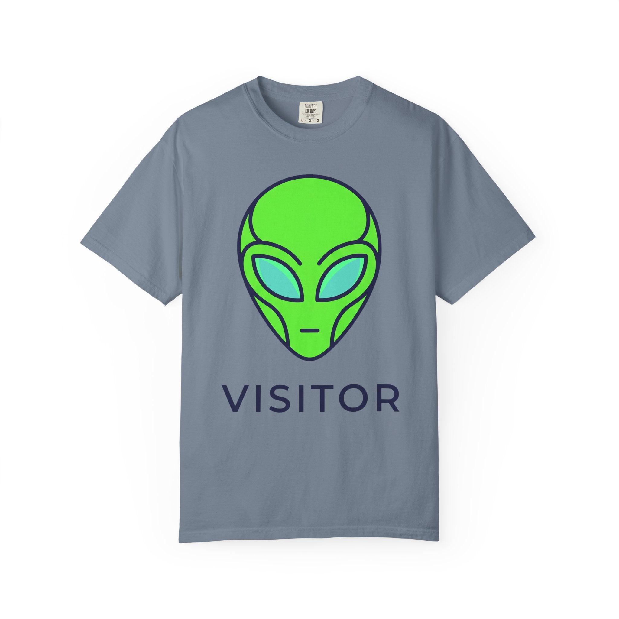 Blue-gray T-shirt with neon green alien head graphic and word VISITOR