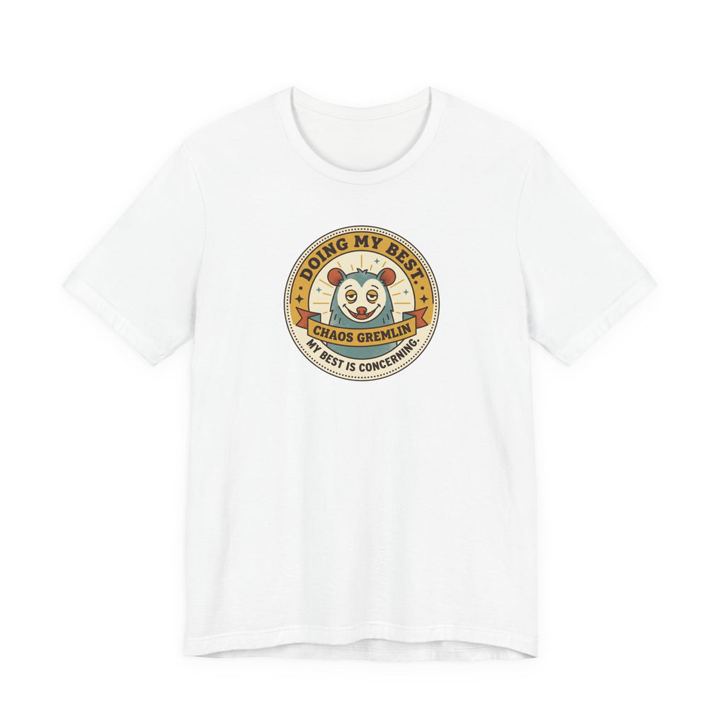 White T-shirt with round gremlin badge graphic on center chest