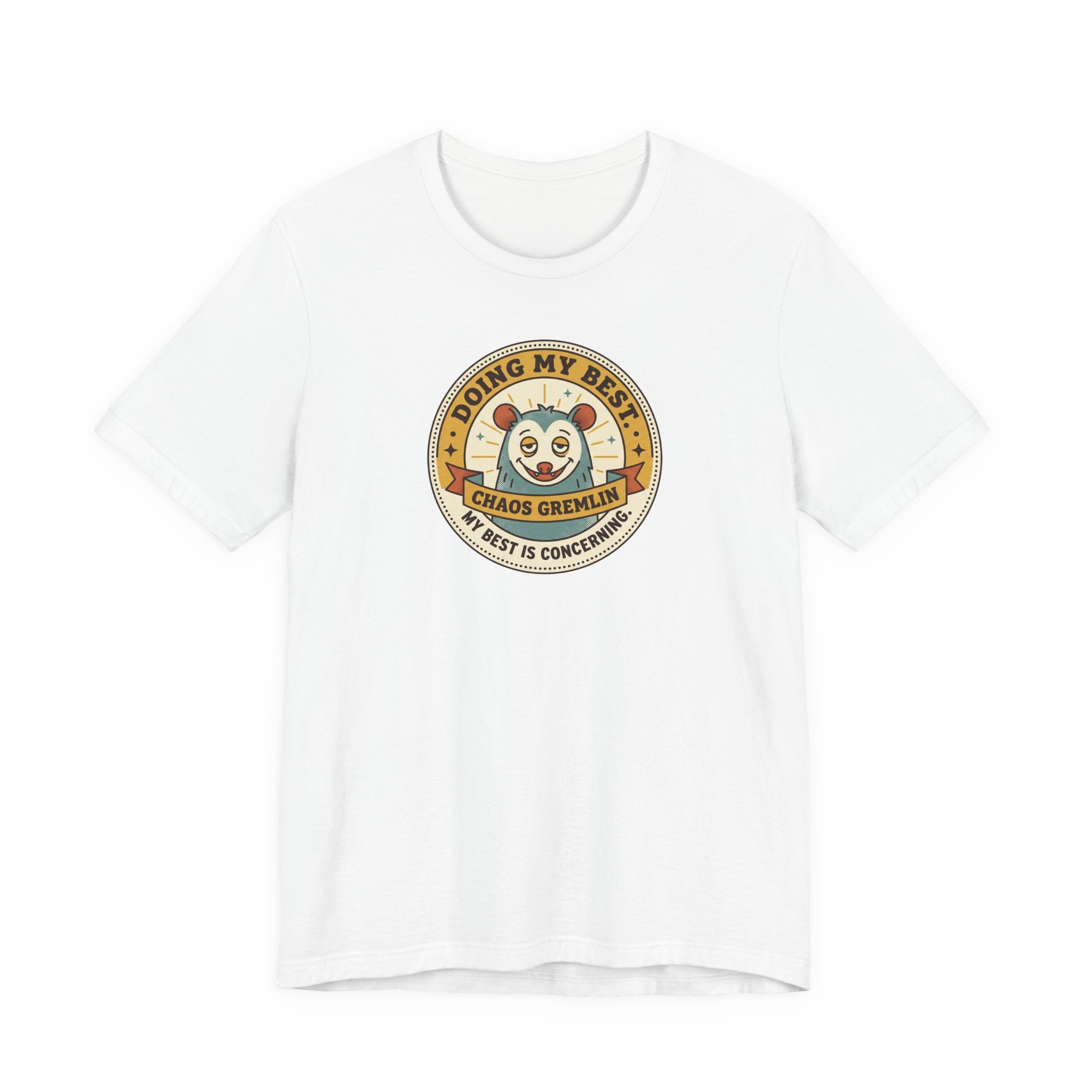 White T-shirt with round gremlin badge graphic on center chest