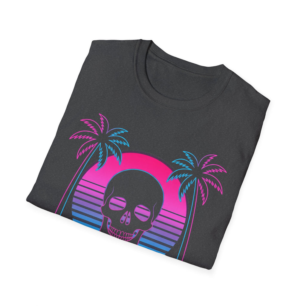 Vaporwave Skull Sunset T-shirt, Black—skull graphic with palms and neon sunset