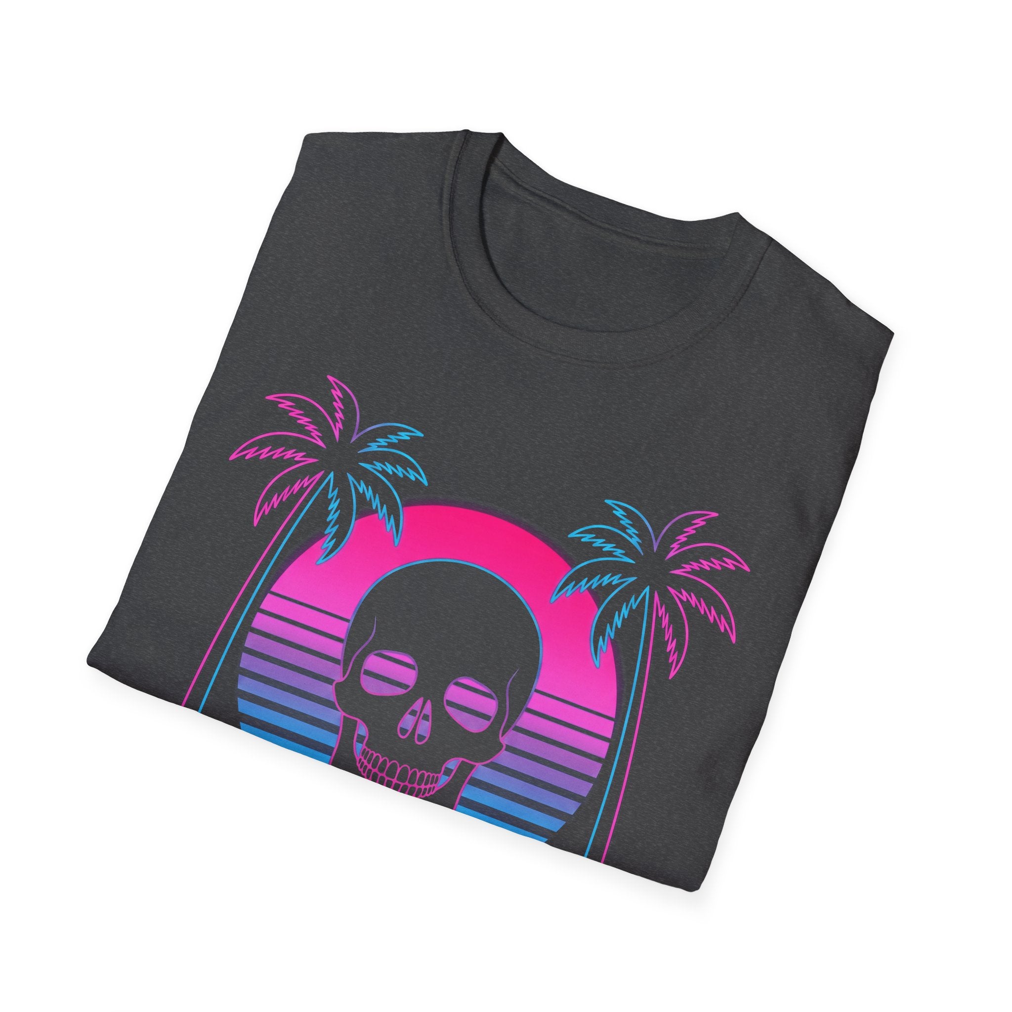Vaporwave Skull Sunset T-shirt, Black—skull graphic with palms and neon sunset