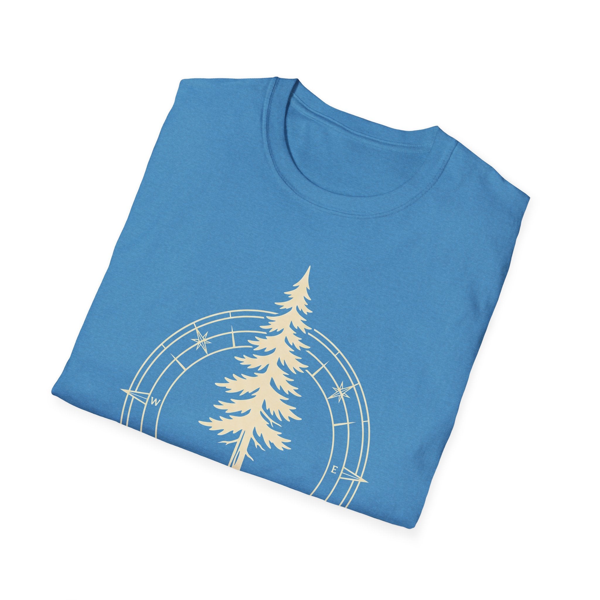 Blue T-shirt with compass circle and pine tree graphic on the front