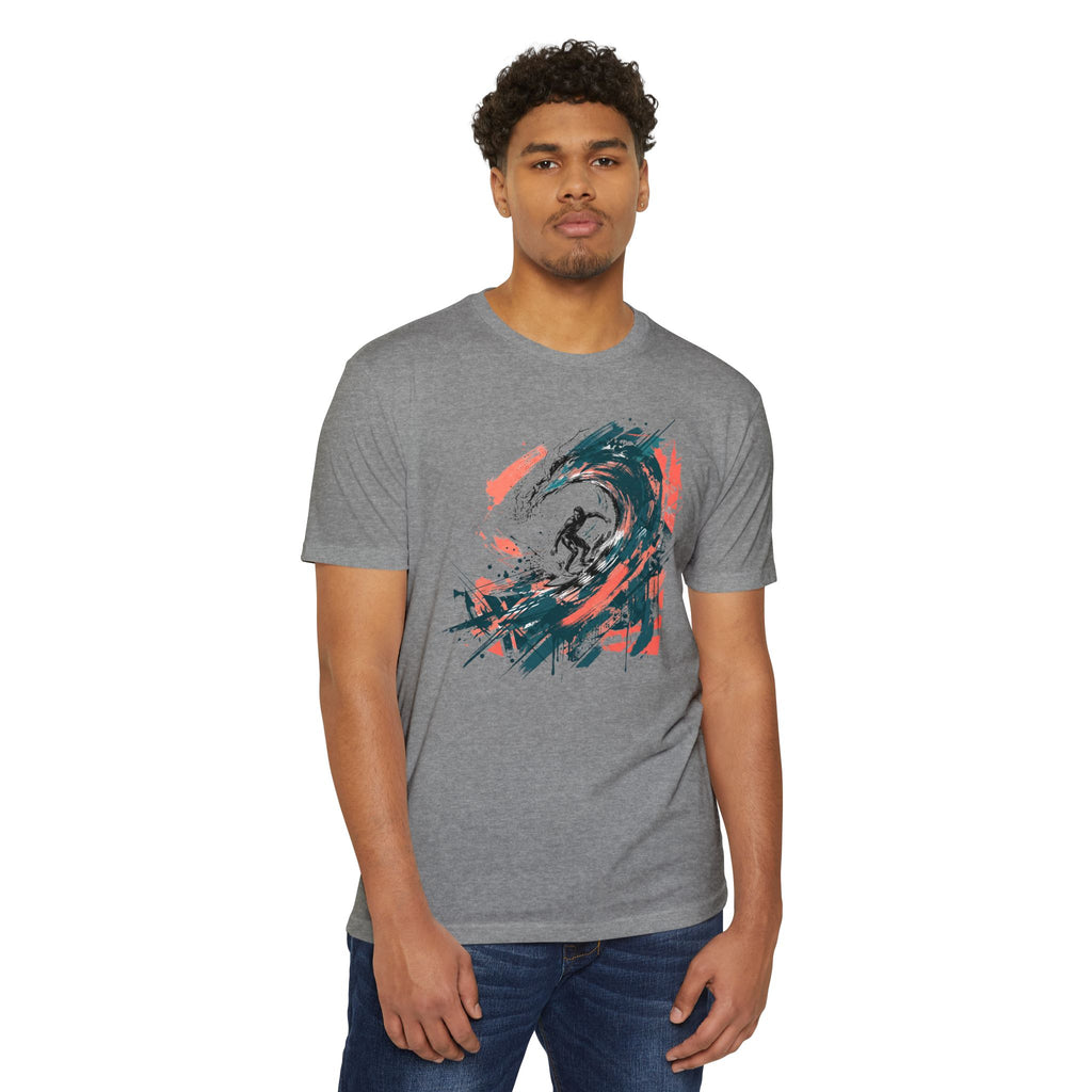 Unisex heather gray T-shirt with abstract wave paintbrush graphic on chest