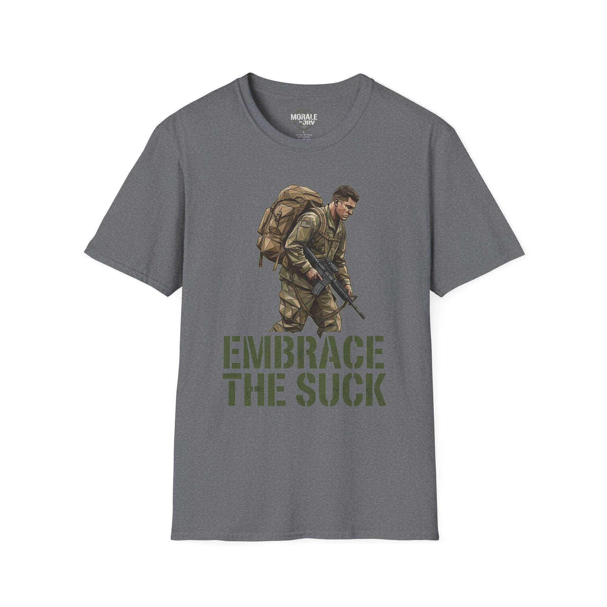 Dunkelgraues T-Shirt mit Soldat-Illustration und „EMBRACE THE SUCK“-Schrift