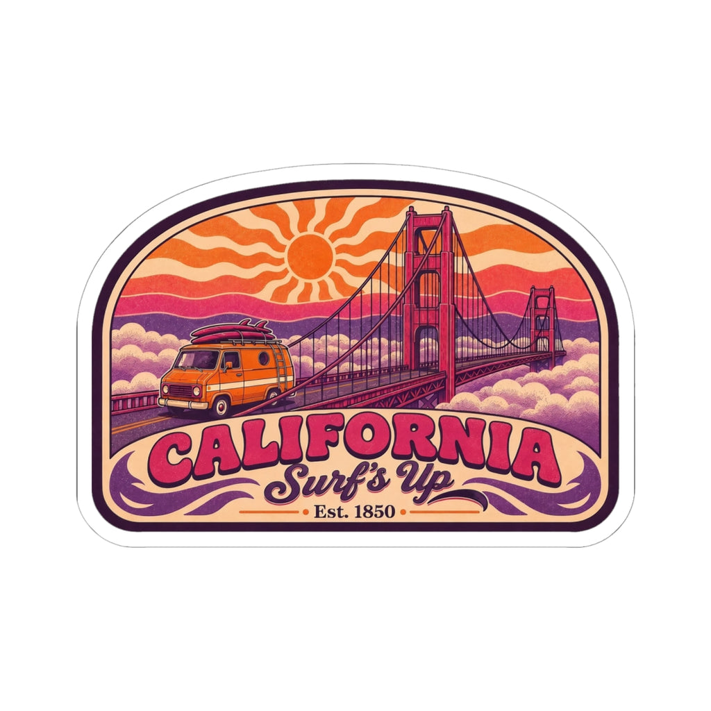 California retro travel sticker featuring Golden Gate Bridge, California text, and Est. 1850