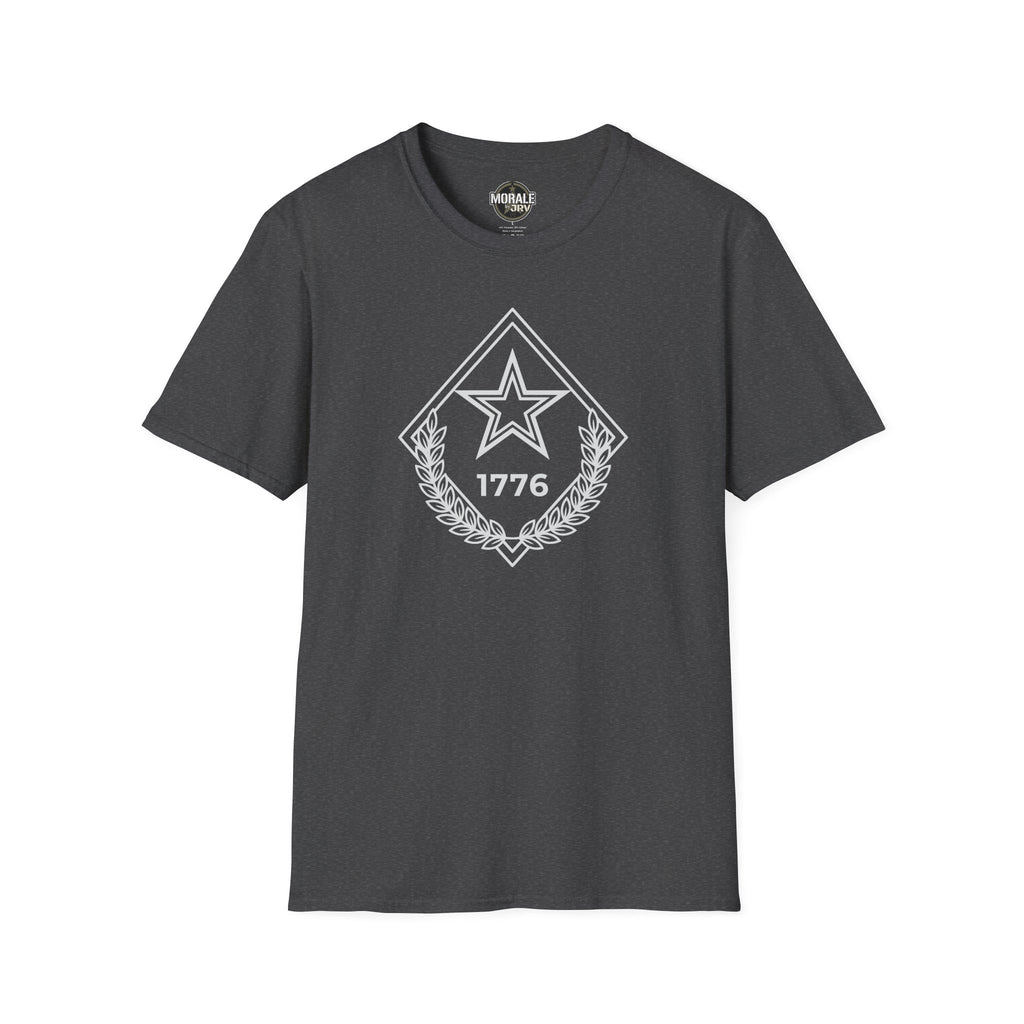 Dark gray t-shirt with chest star-and-laurel diamond emblem, 1776 and outlined star design