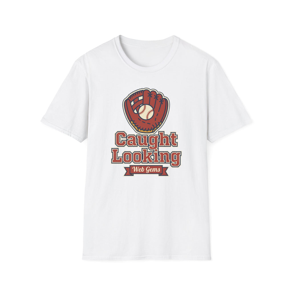 White baseball T-shirt with vintage glove graphic, 'Caught Looking' and 'Web Gems'