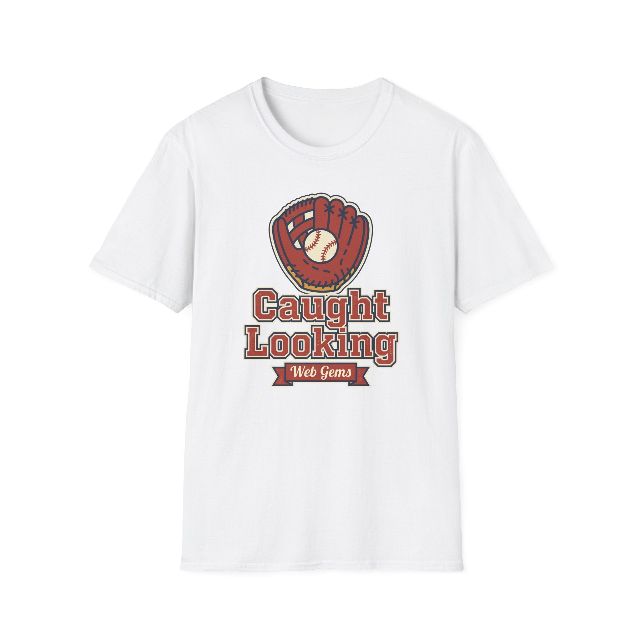 White baseball T-shirt with vintage glove graphic, 'Caught Looking' and 'Web Gems'