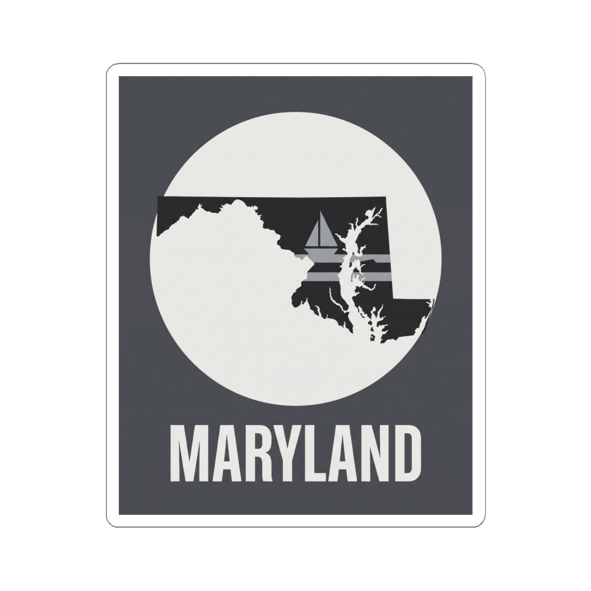 Square kiss-cut Maryland sticker with white state silhouette, sailboat detail, and “MARYLAND”