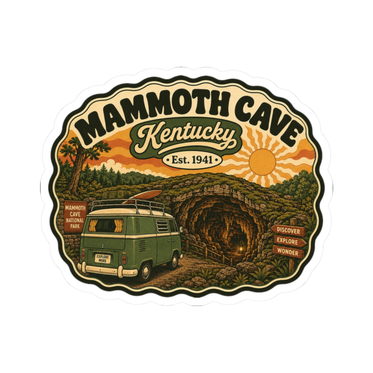 Die-cut Mammoth Cave Kentucky kiss-cut sticker with vintage camper van inside a cave
