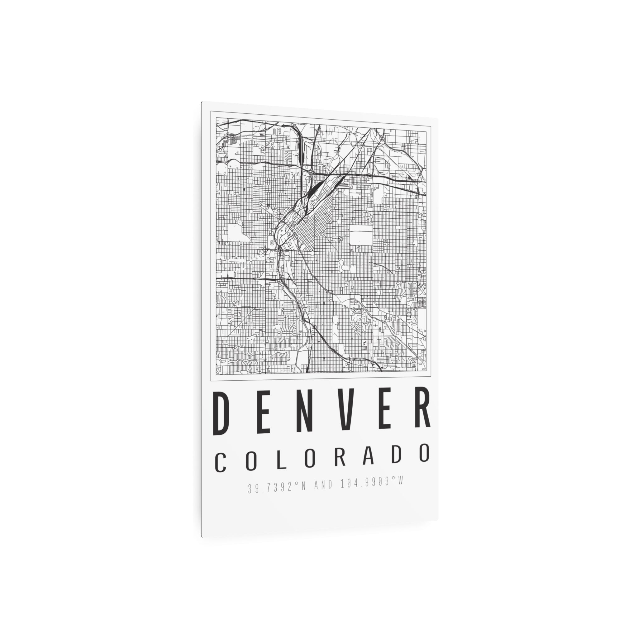 Denver Colorado map metal wall art sign showing city lines and coordinates