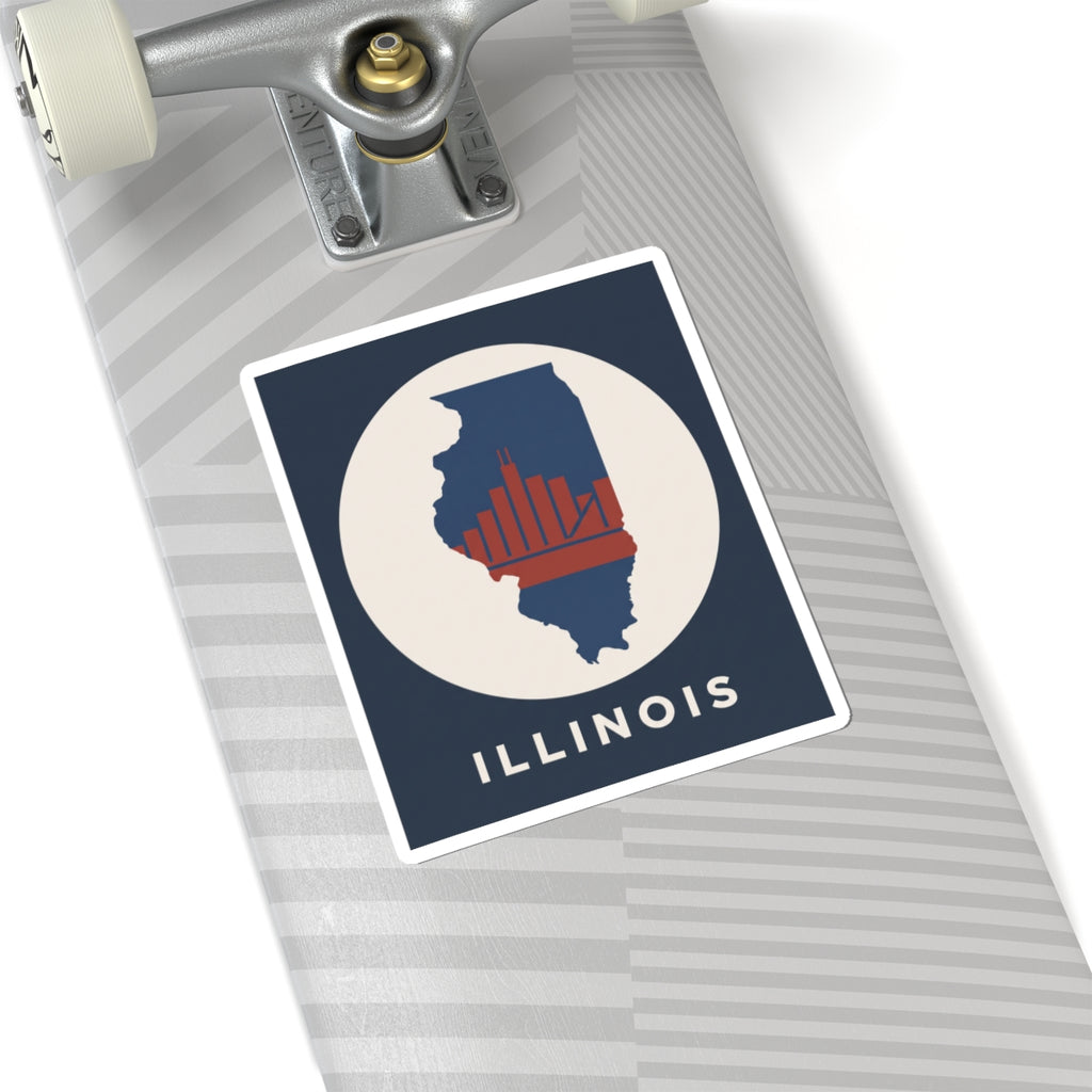 Square kiss-cut Illinois sticker with navy state shape, red skyline bars, and ILLINOIS lettering