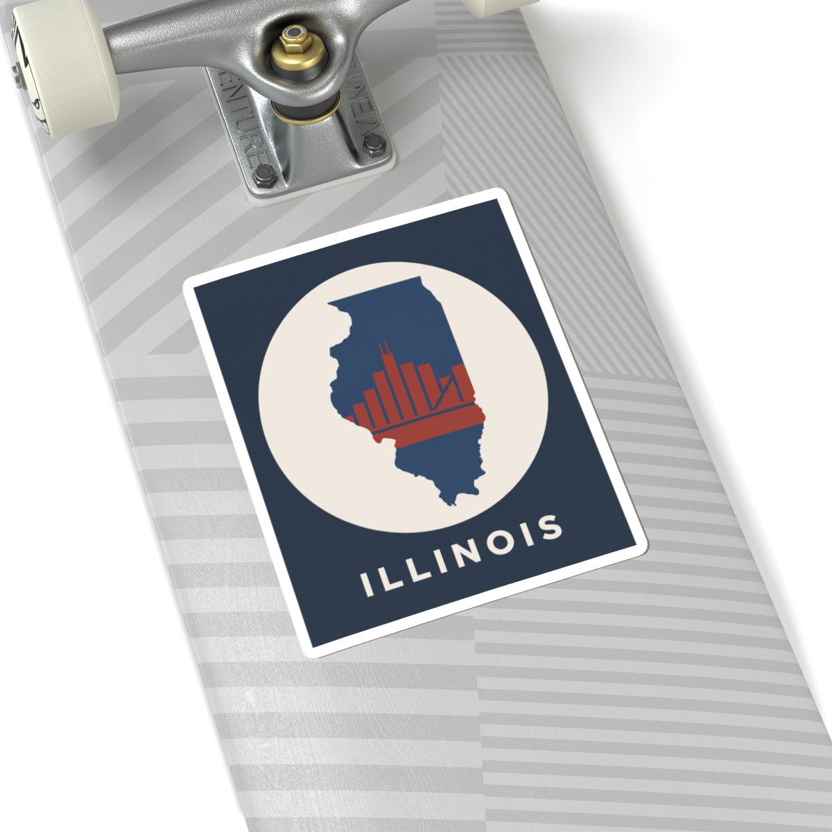 Square kiss-cut Illinois sticker with navy state shape, red skyline bars, and ILLINOIS lettering