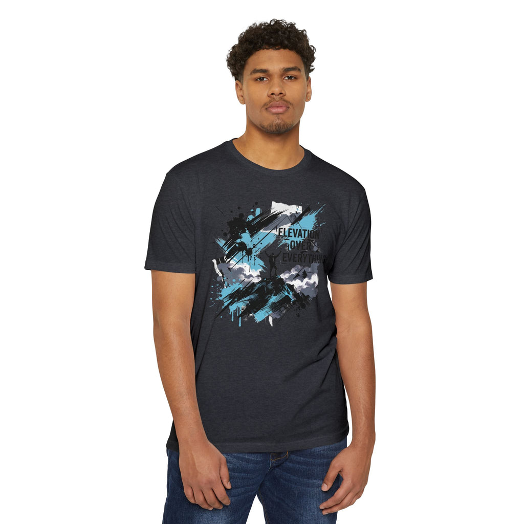 Black crewneck T-shirt with blue and white mountain silhouette graphic