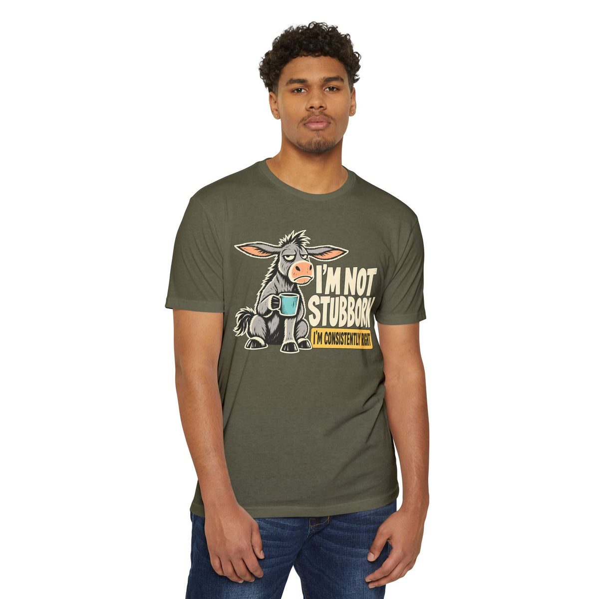 Olive green graphic T-shirt with stubborn donkey cartoon and text on front