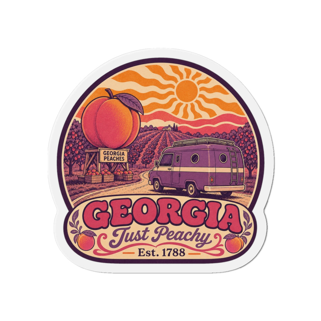 Die-cut magnet featuring a retro peach and van scene, 'GEORGIA' lettering in the center