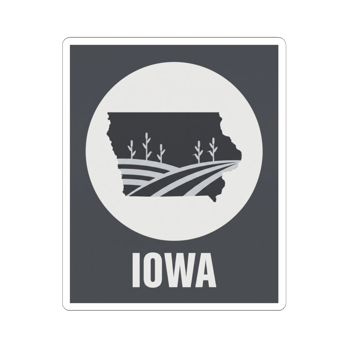 Iowa farmland graphic sticker: black square with white circle, state silhouette and “IOWA” text