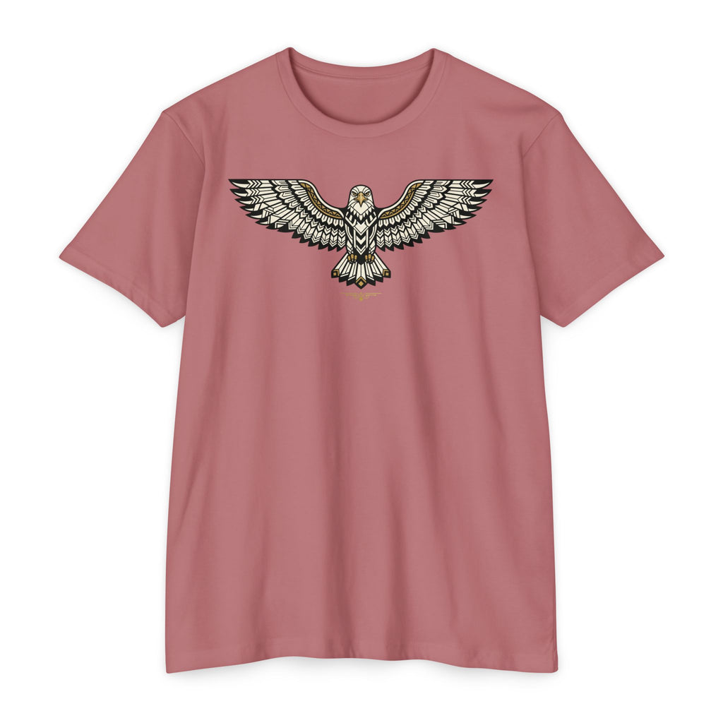 Pink unisex t-shirt with soaring owl wing graphic on the chest