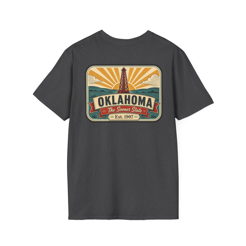 Dark heather T-shirt with rectangular Oklahoma Sooner State logo