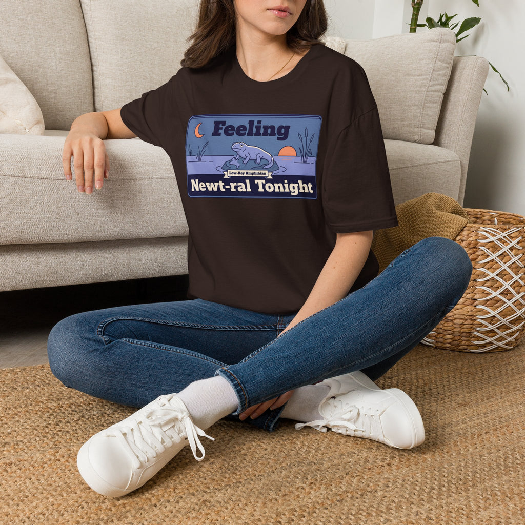 Dark chocolate crew-neck T-shirt with blue newt graphic on the front