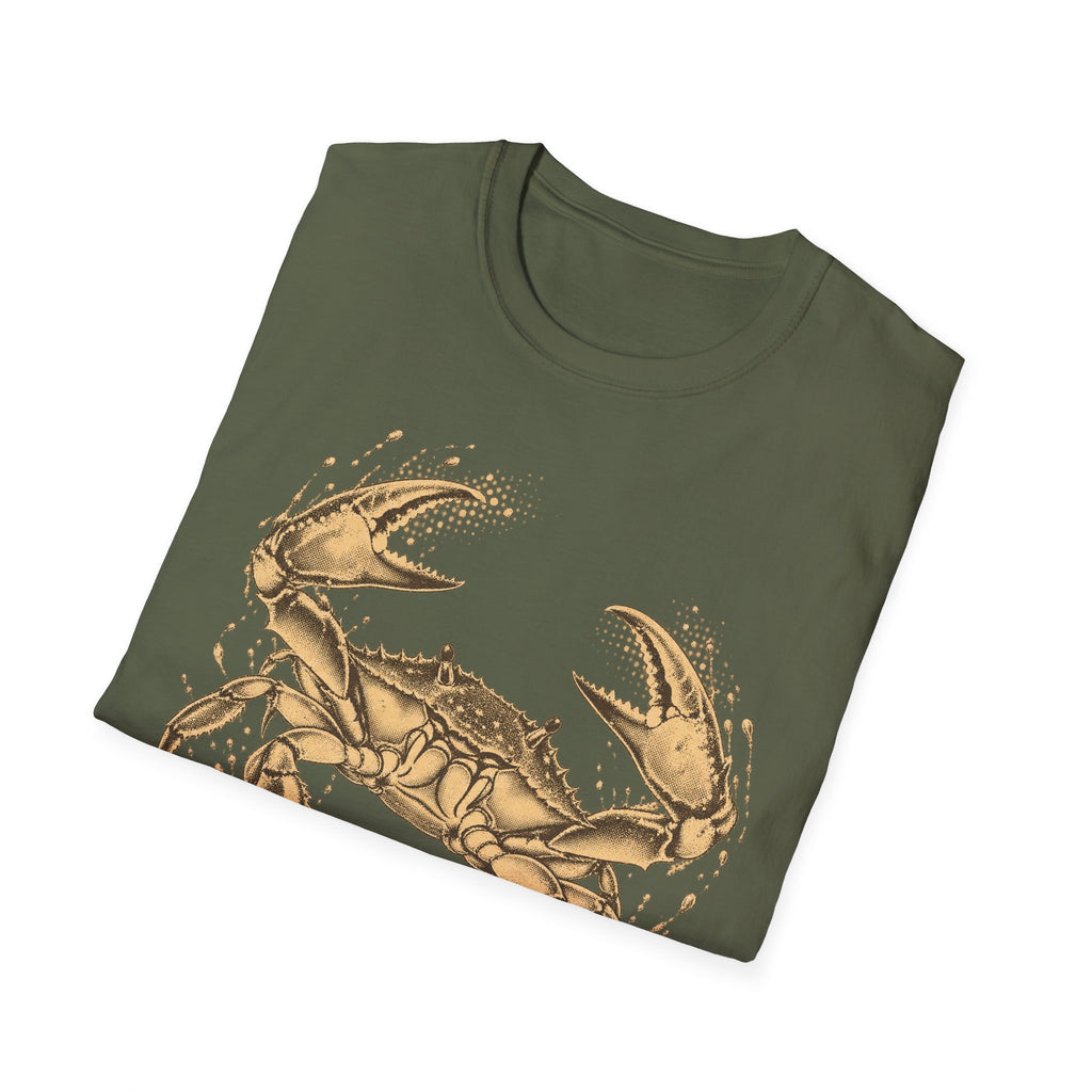 Olive green crew-neck T-shirt with vintage gold crab illustration on front.