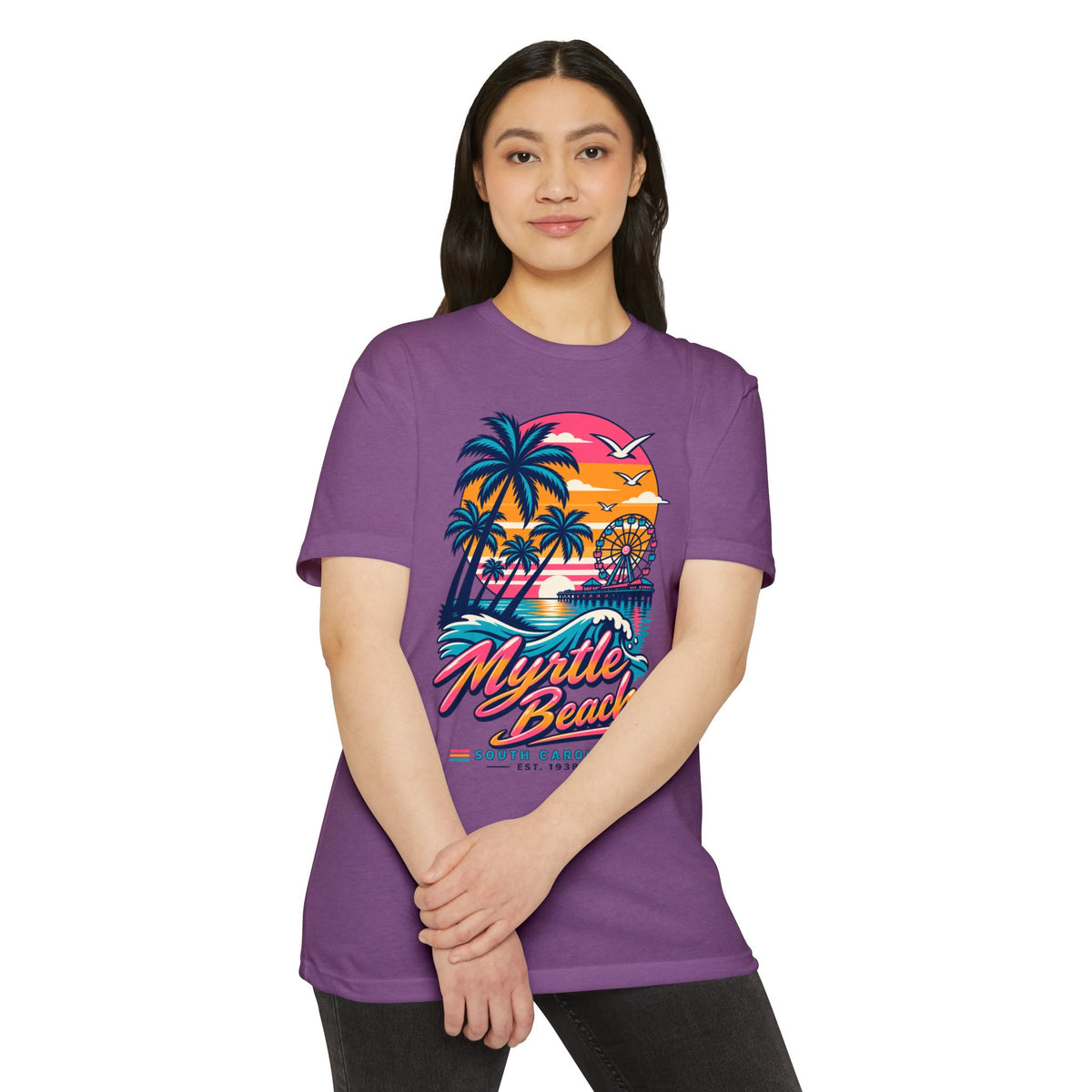Purple crew-neck T-shirt with colorful retro beach sunset, palm trees, and Ferris wheel