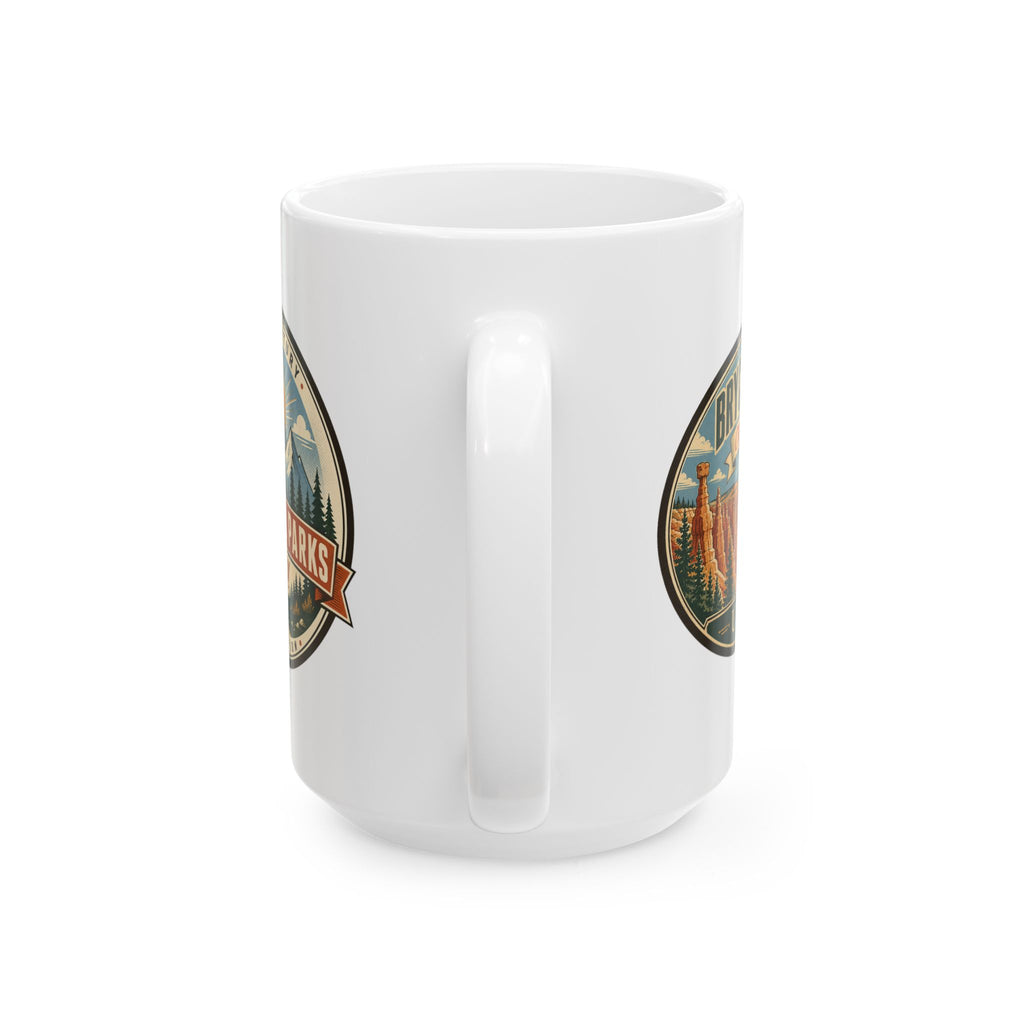 White ceramic mug with National Parks by JRV logo panels on the sides