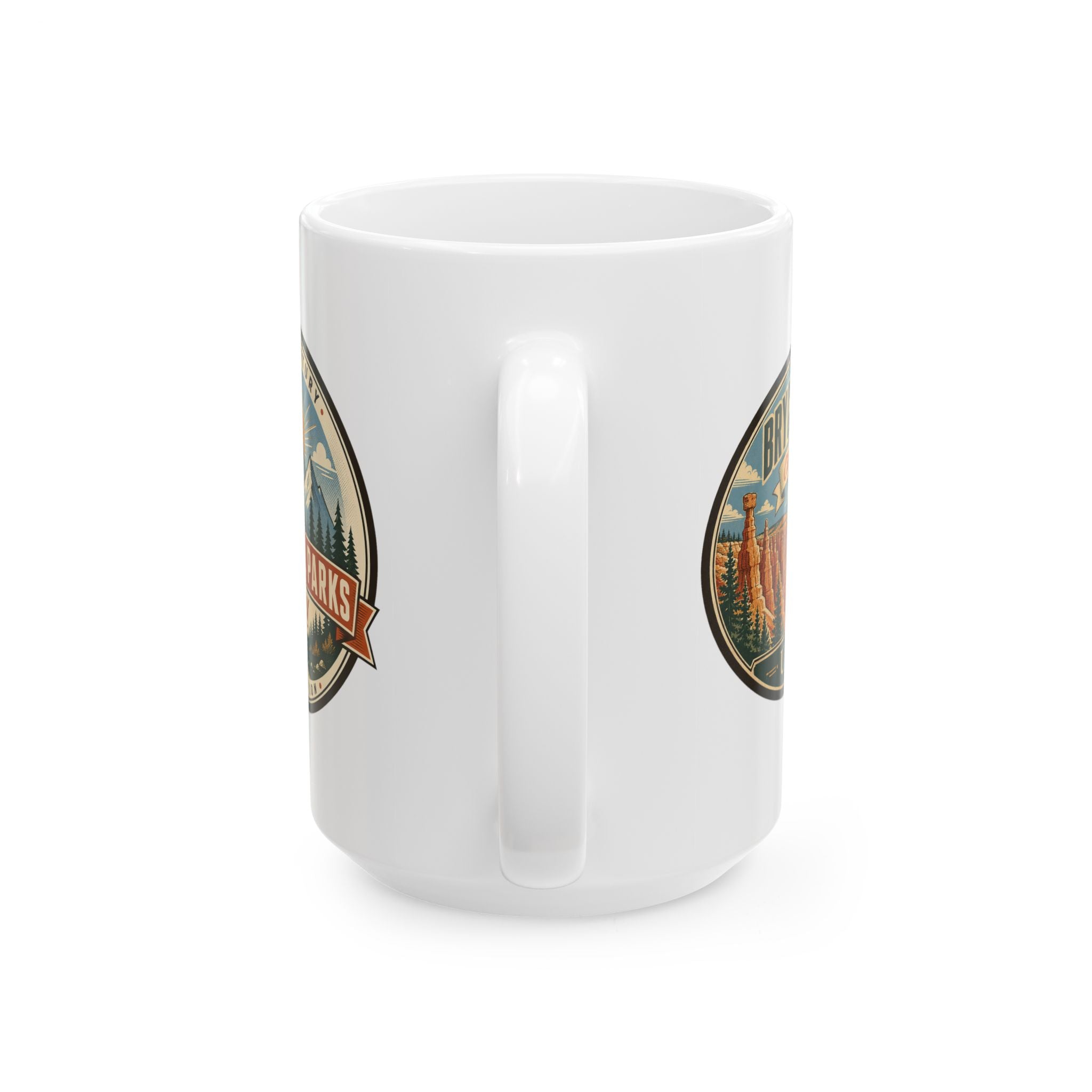 White ceramic mug with National Parks by JRV logo panels on the sides