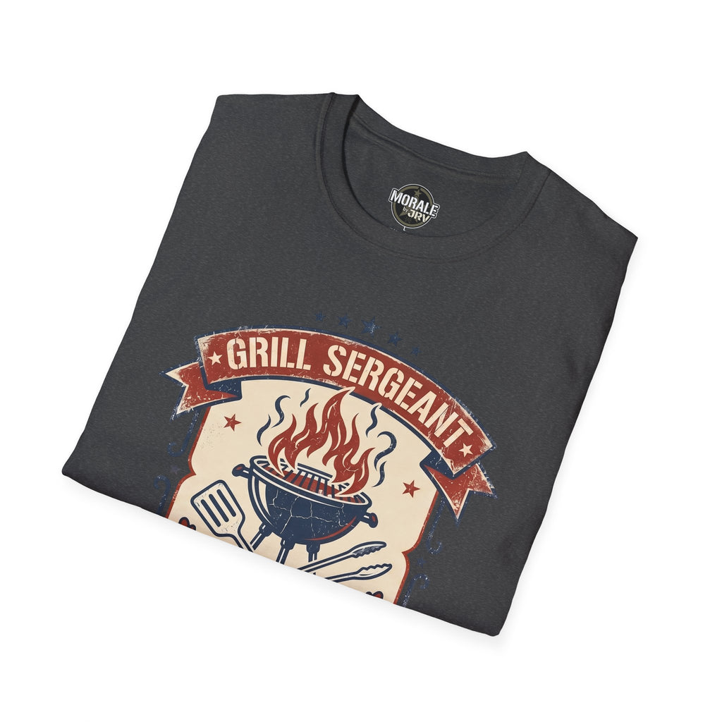 Dark heather gray Grill Sergeant graphic t-shirt with “GRILL SERGEANT” BBQ flames