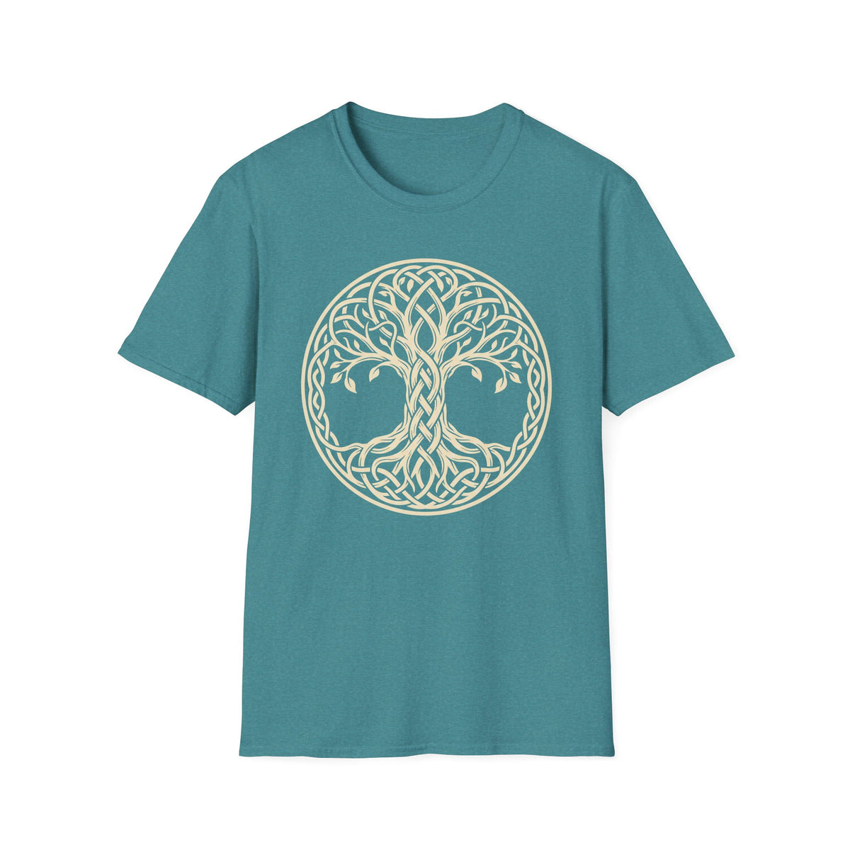 Teal T-shirt with circular Celtic tree of life knot graphic on chest