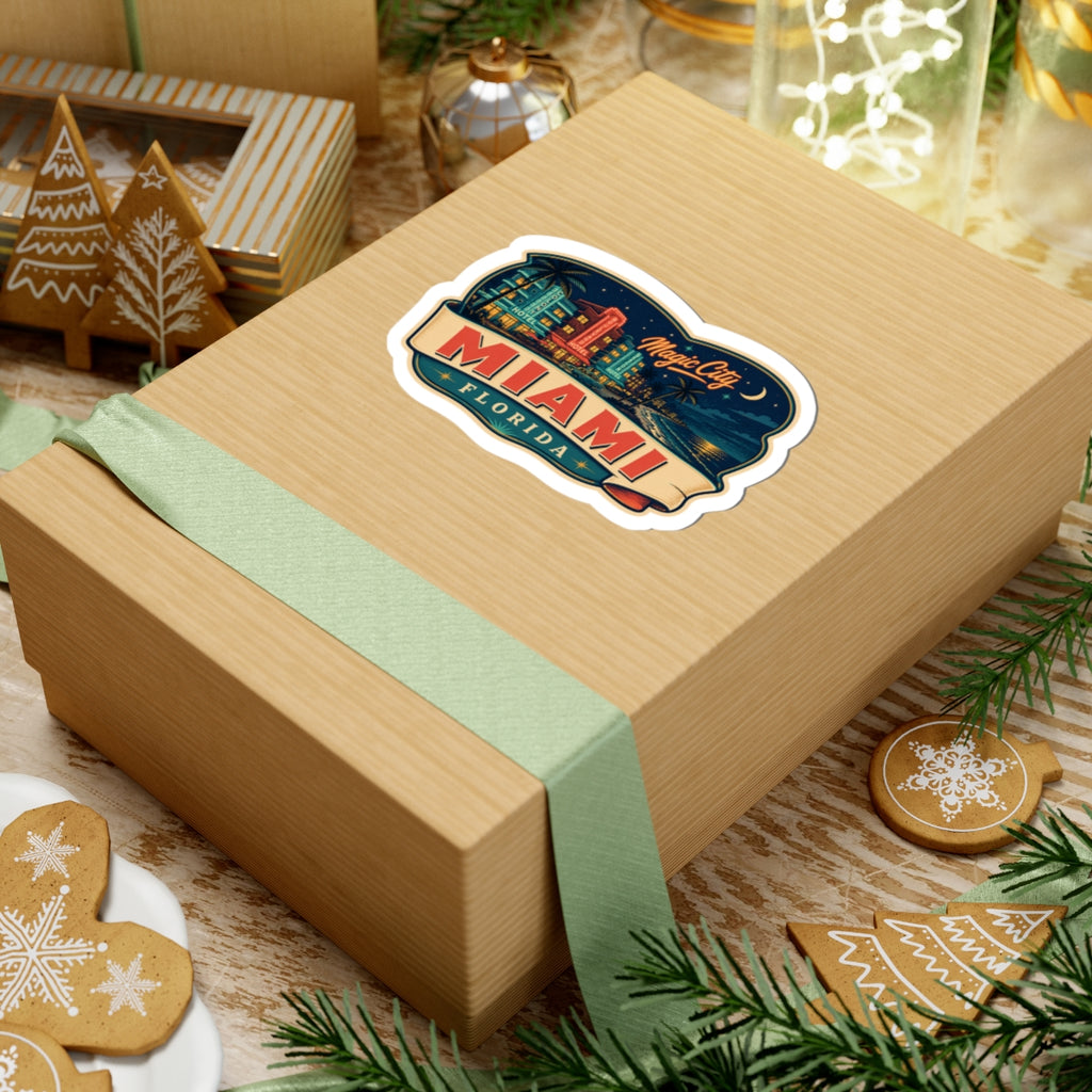 Miami Florida luggage tag sticker on gift box, arched cutout with "MIAMI" "FLORIDA"
