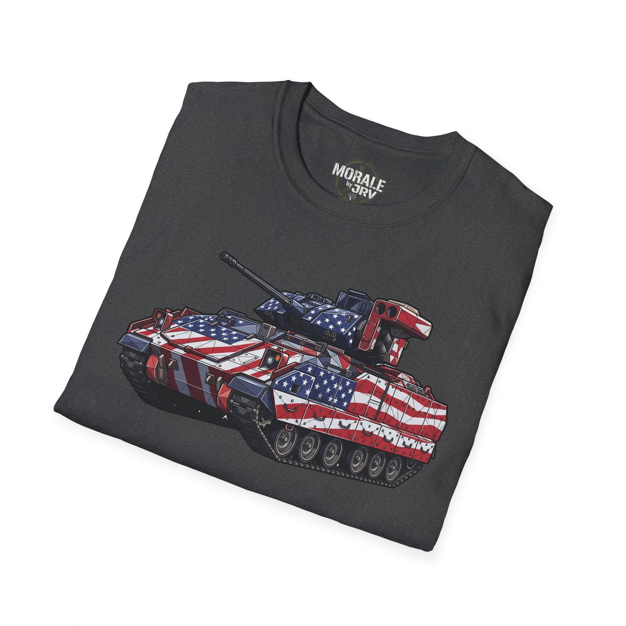 Dark gray T-shirt with American-flag tank graphic on front
