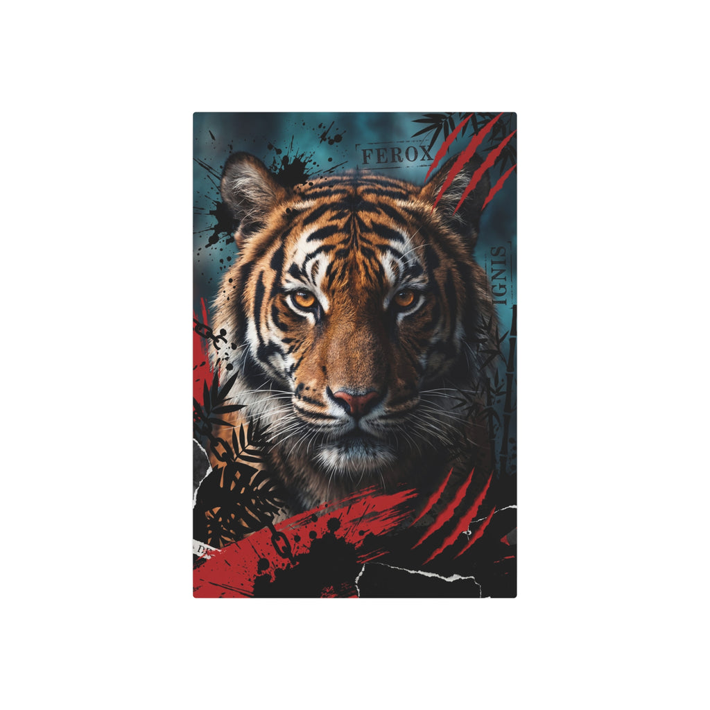 Tiger wall art print close-up: tiger eyes and striped face with red/teal graphic splashes