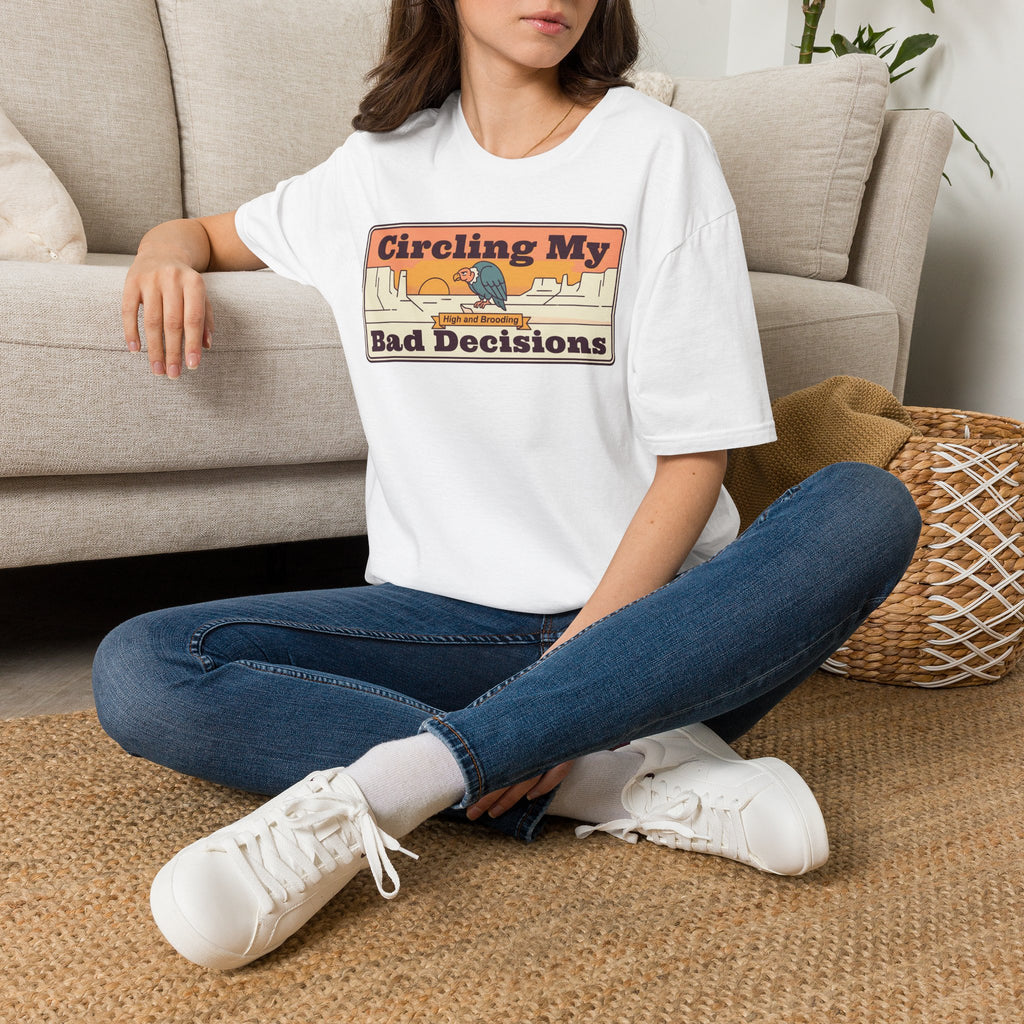 White crewneck T-shirt with retro vulture "Circling My Bad Decisions" graphic