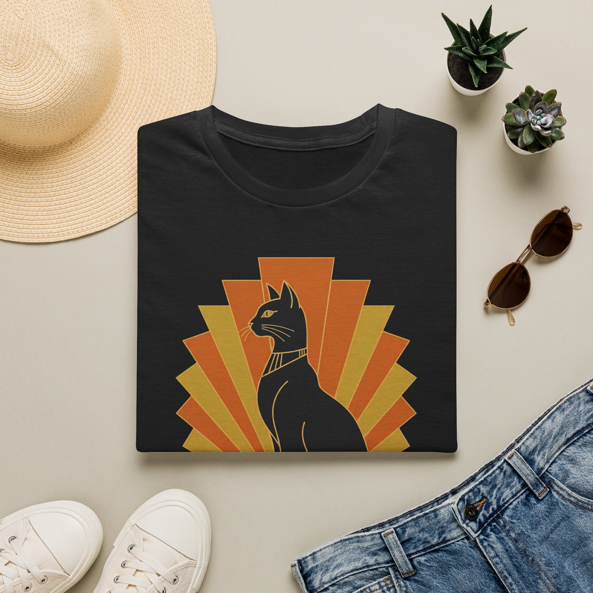 Black cat graphic T-shirt with orange sunburst, crew neck short sleeves