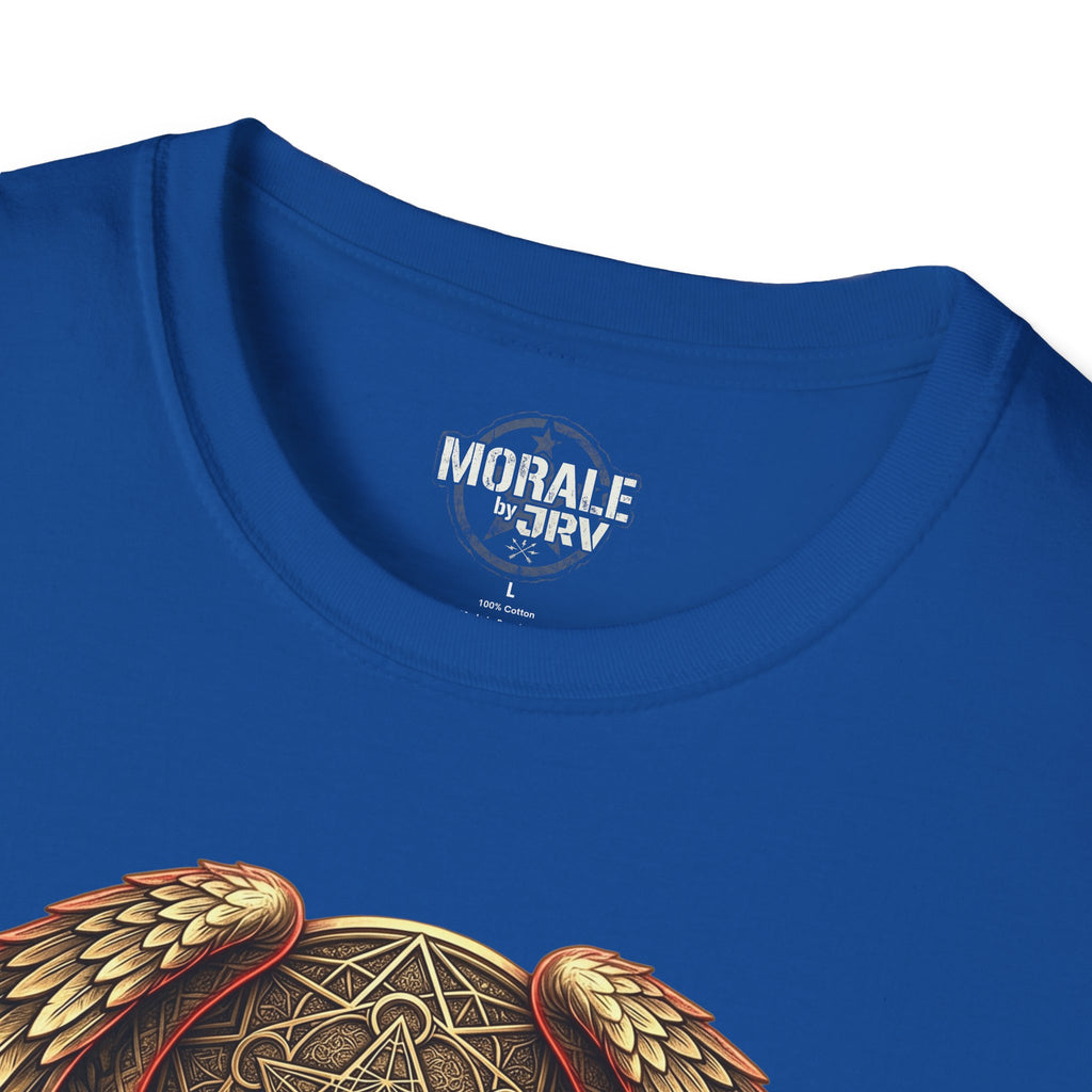 Royal blue Owl Shield Emblem T-Shirt with neck print and partial owl shield art